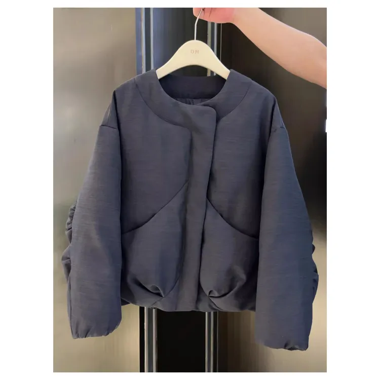 韩系简约小香风轻薄保暖蓝色棉服女2025新款巨好看的冬装短外套