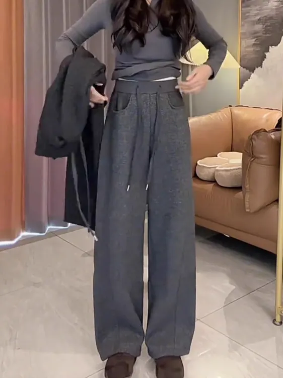 阔腿裤灰色MM女款裤子秋冬休闲裤宽松百搭长裤时尚高腰高弹保暖