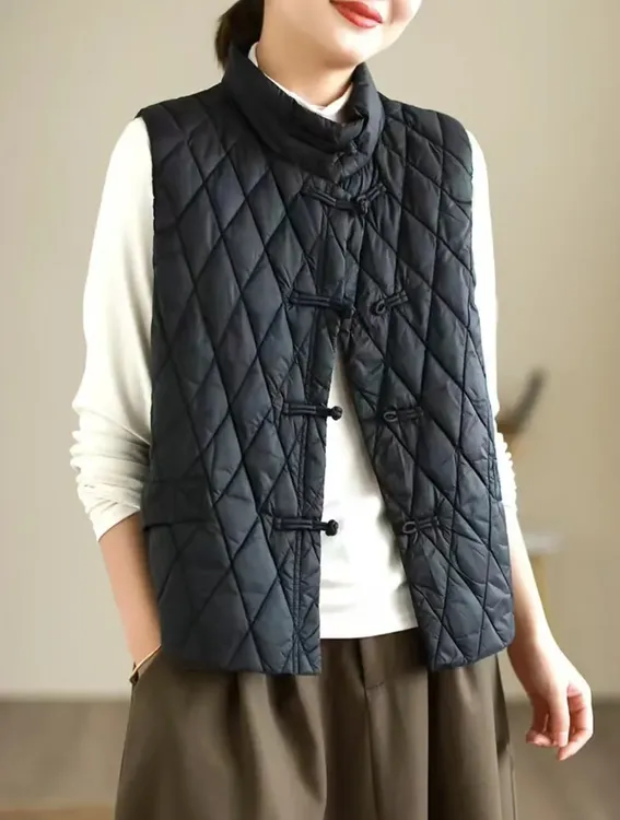 新中式国风立领菱格棉马甲 秋冬