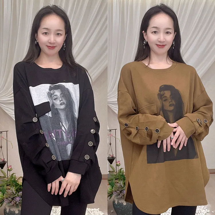 秋季新款印花甜美清新学院纽扣卫衣圆领宽松法式休闲百搭显瘦卫衣