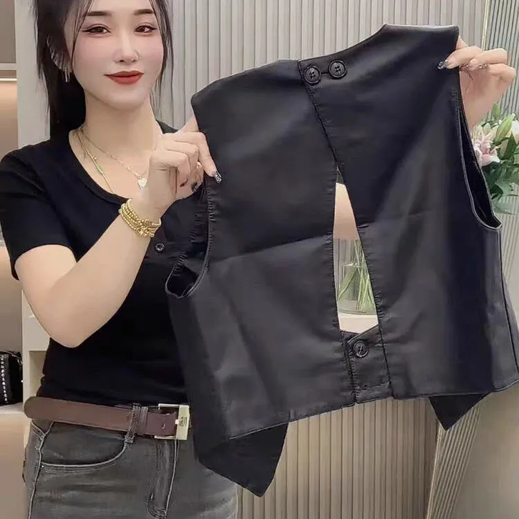 无袖镂空PU皮马女春秋新款设计感百搭纯色圆领外套口袋上衣背心