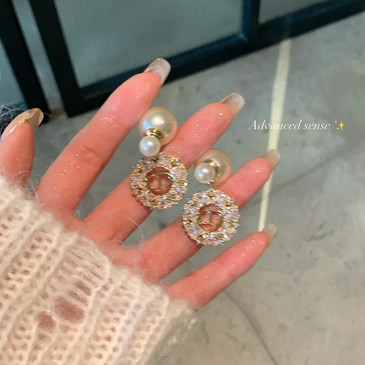 铜合金耳饰 韦雪同款~闪锆字母珍珠两戴式耳环女秋冬气质耳饰耳钉