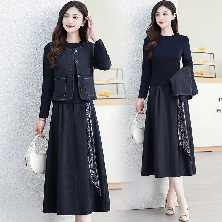 春秋马甲三件套连衣裙女装2025年新款时尚气质显瘦高级感套装裙子