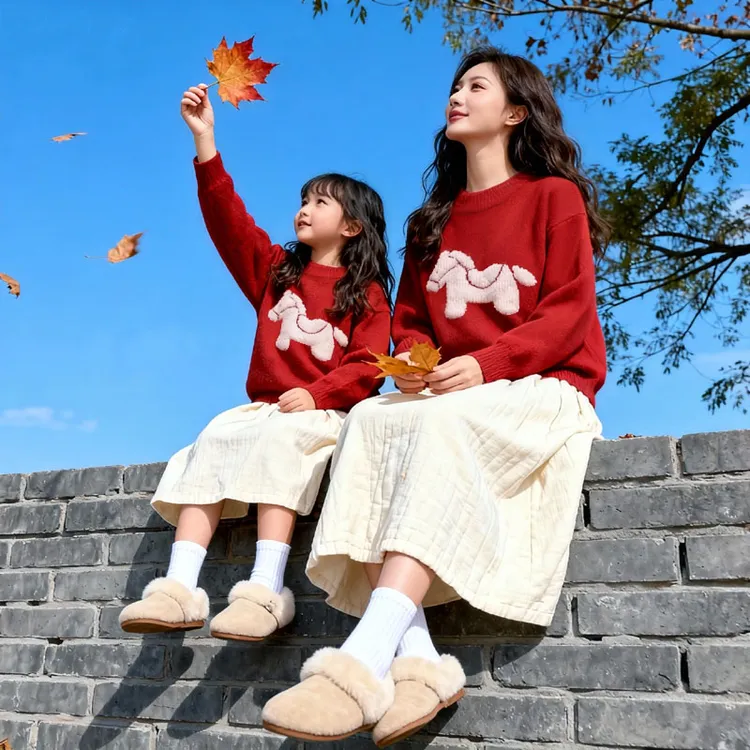 女童毛衣中大童拜年服冬季高初中生马年新年装加厚保暖红色针织衫