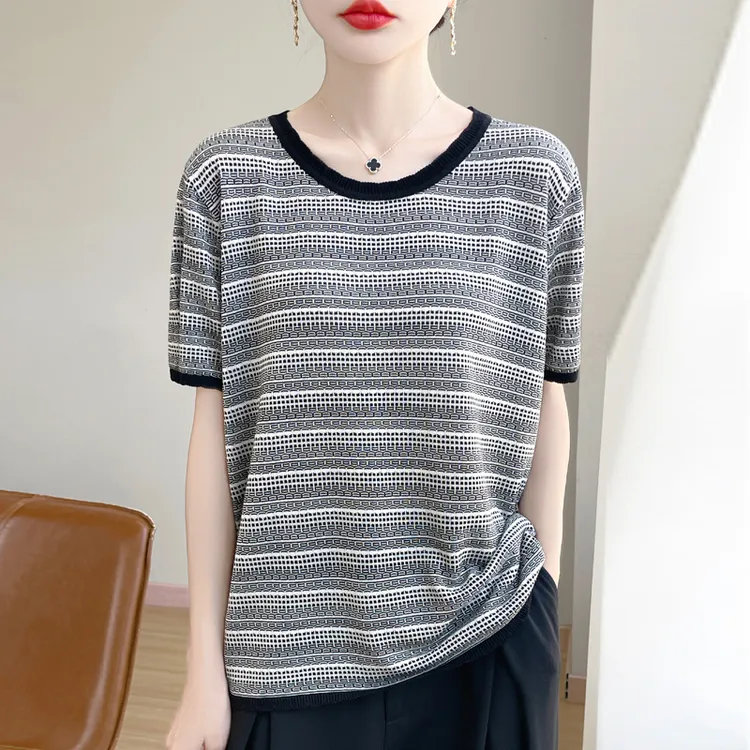 时尚品牌正品夏季宽松针织衫薄款针织衫女时尚天丝针织短袖t恤