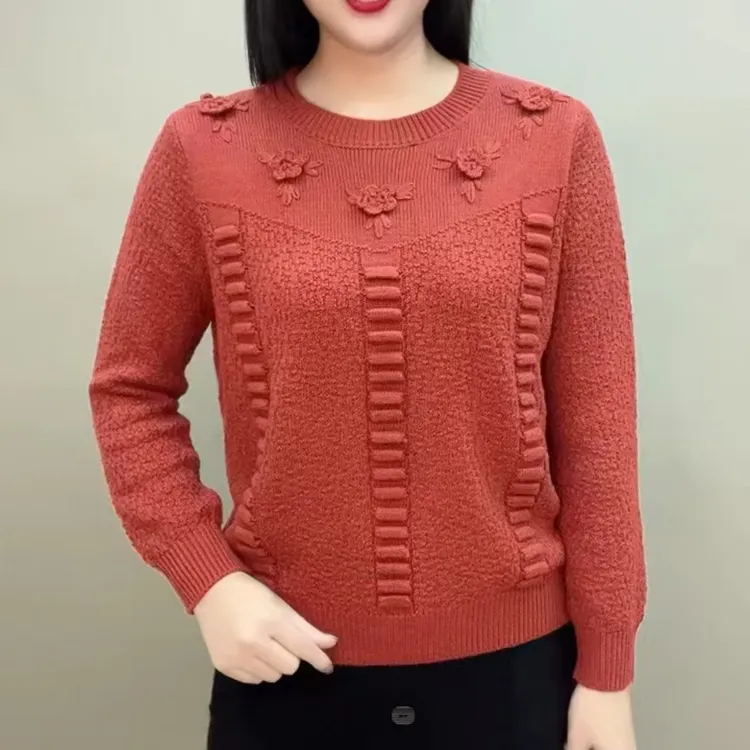 高档时尚洋气五朵小花提花针织衫春季新款气质妈妈宽松显瘦毛衣女