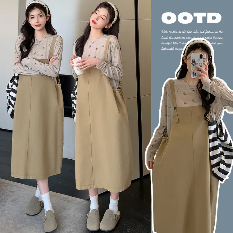 孕妇装秋装背带裙套装2026新款蝴蝶结图案长袖T恤搭配孕妇背带裙
