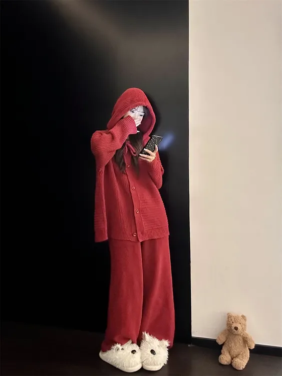 韩系简约新年红少女半边绒睡衣女秋冬季新款针织家居服套装可外穿