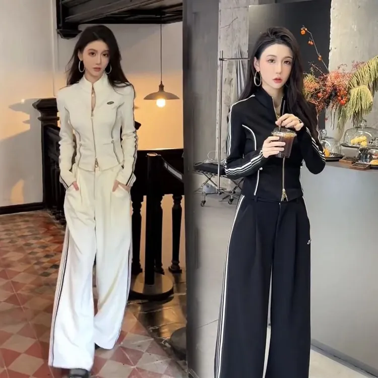 2025春秋新款韩版休闲运动服套装女立领修身显瘦上衣阔腿裤两件套