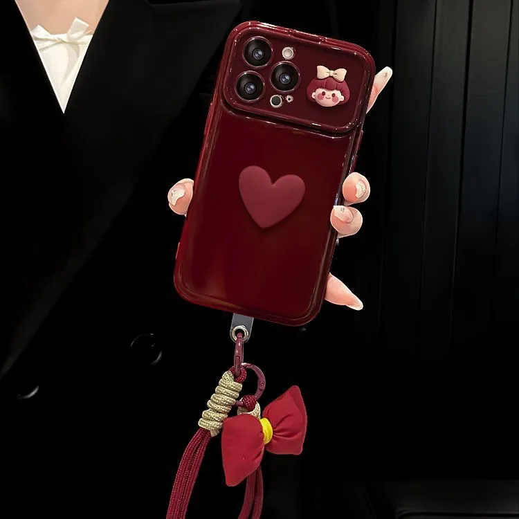 新年新款爱心女孩公仔挂绳适用17手机壳红色iphone15promax高级感