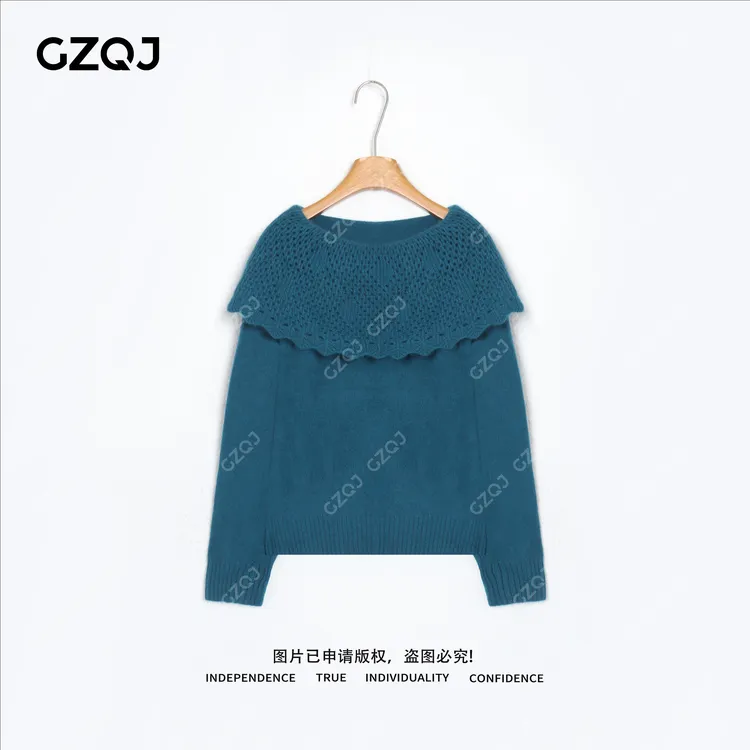 老琴私服【海风涟漪】琥珀流光风绵羊毛荷叶领针织衫女冬新款 9399
