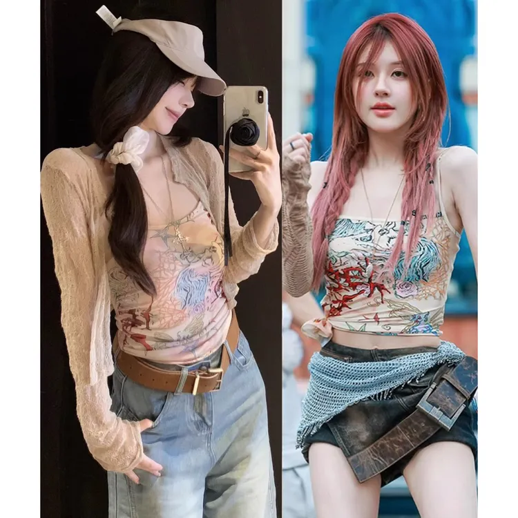 纯欲复古印花吊带背心女夏季薄款蕾丝开衫外套两件套9021#裙子