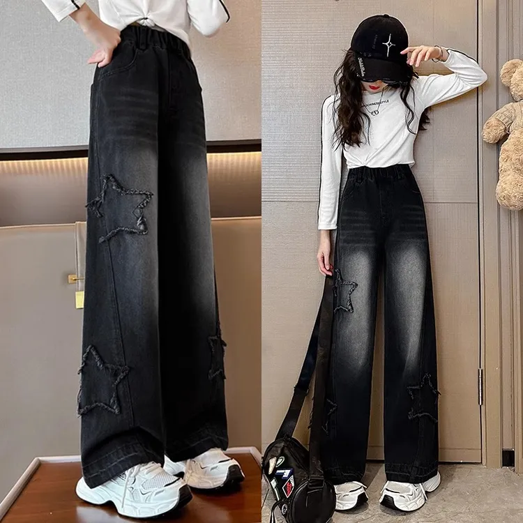 女童黑色牛仔裤直筒2025春季新款儿童阔腿裤女大童春秋裤子初中生