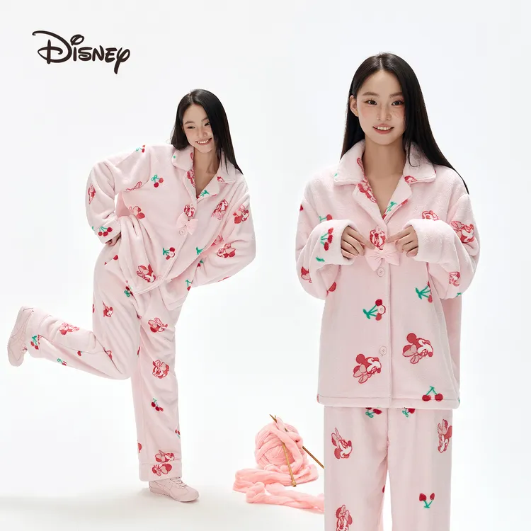 迪士尼米妮法兰绒可外穿卡通可爱翻领少女保暖睡衣家居服套装秋冬