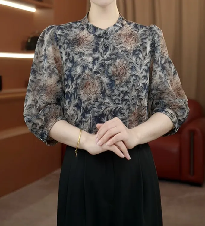 洒银工艺2025年新款夏季花色百搭上衣圆领优雅套头七分袖衬衫0713