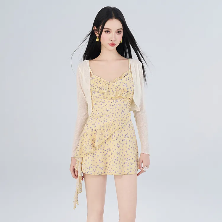 新款美亦舒无袖碎花套头短裙夏季印花温泉连衣裙短款气质外搭性感