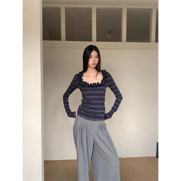 QYao Girls‘’兰精天丝‘’花边条纹U领修身显瘦设计感上衣秋冬内搭