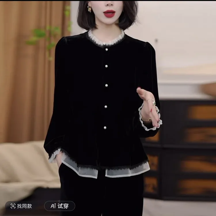 法式假两件衬衫2025年秋季新款百搭休闲显瘦设计感时尚丝绒上衣