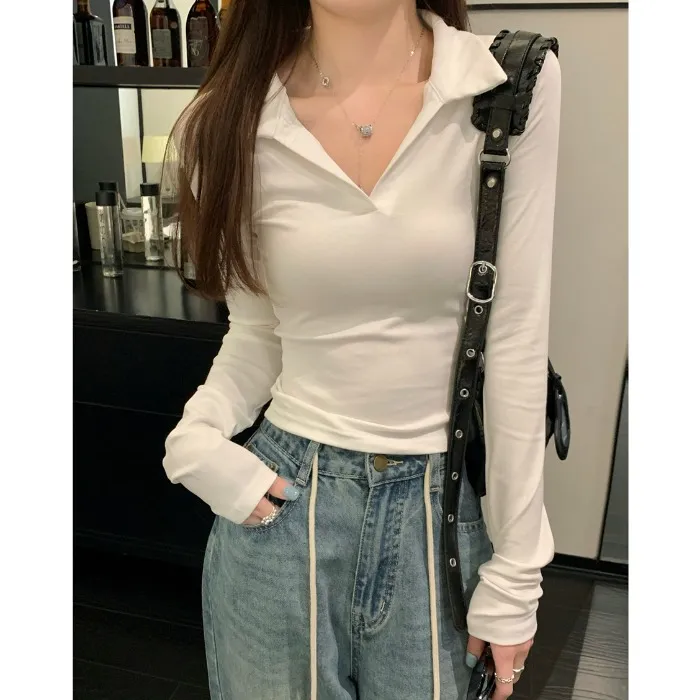 白色polo领长袖T恤女秋季基础款修身韩系chic紧身显瘦打底衫上衣