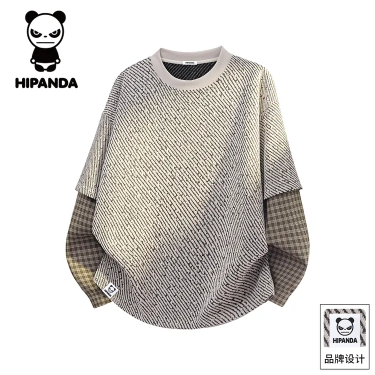 Hi Panda你好熊猫秋季假两件卫衣男士2025潮牌宽松百搭休闲上衣服