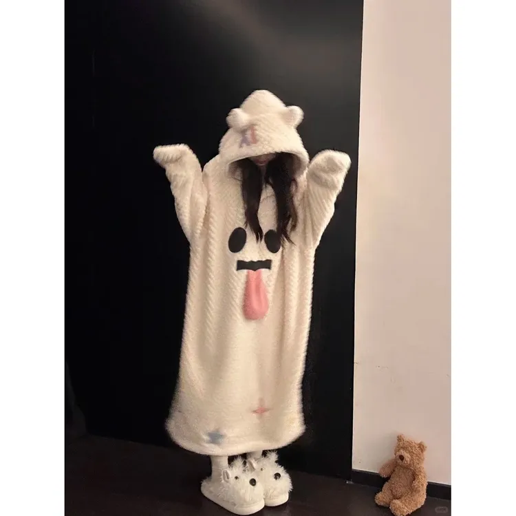 少女可爱搞怪鬼脸连帽珊瑚绒睡衣女冬季款加绒加厚毛绒睡袍家居服