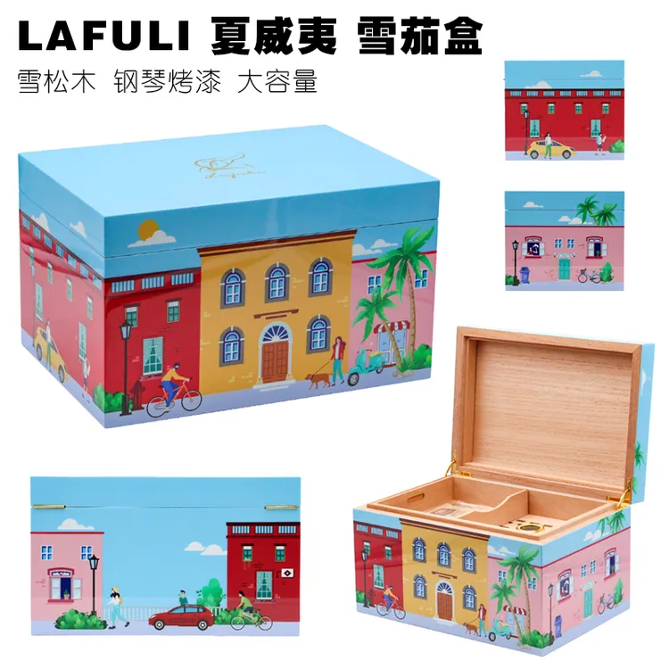 包邮 Lafuli夏威夷城市雪松木大容量双层加湿保湿密封雪茄盒烤漆