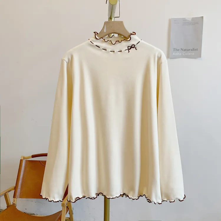 蝴蝶结德绒C4959德绒磨毛刺绣蝴蝶结木耳边立领打底T恤