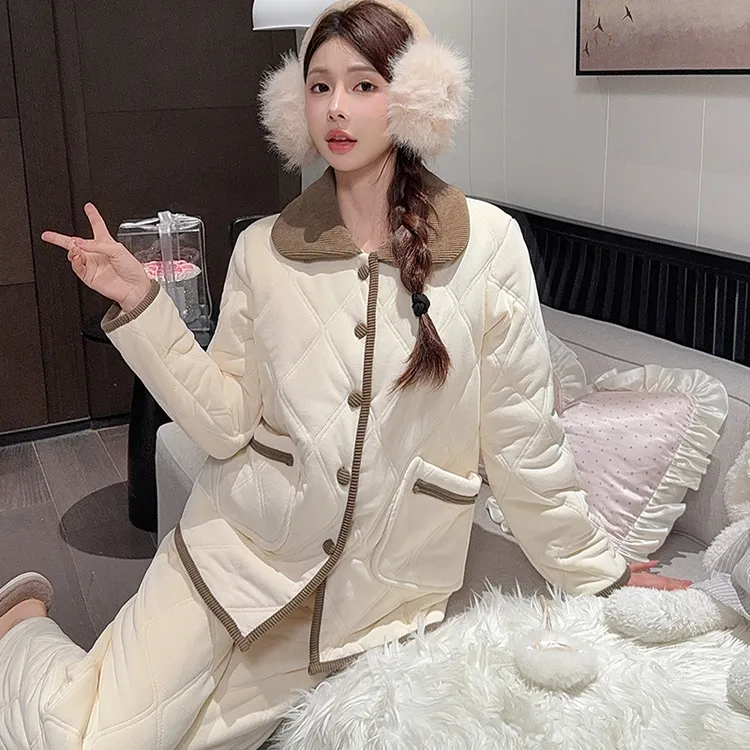 冬季珊瑚绒保暖可外穿三层夹棉套装加绒加厚甜美翻领睡衣女家居服