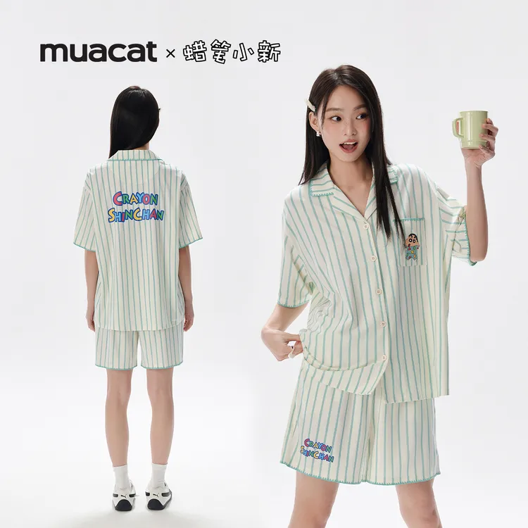 亲嘴猫蜡笔小新莫代尔开衫女短袖短裤卡通条纹睡衣家居服套装夏季