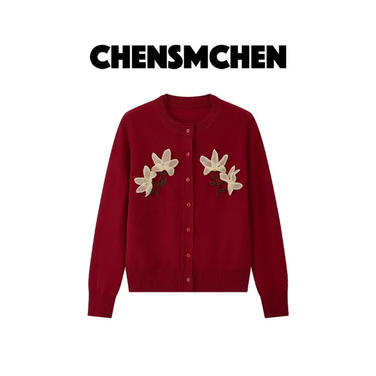 CHENSMCHEN100绵羊毛圆领复古长袖针织衫女时尚百搭开衫CSZ7641YW