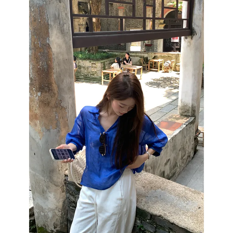 切糕自制【静谧深海】小个子衬衫女宽松慵懒风长袖上衣
