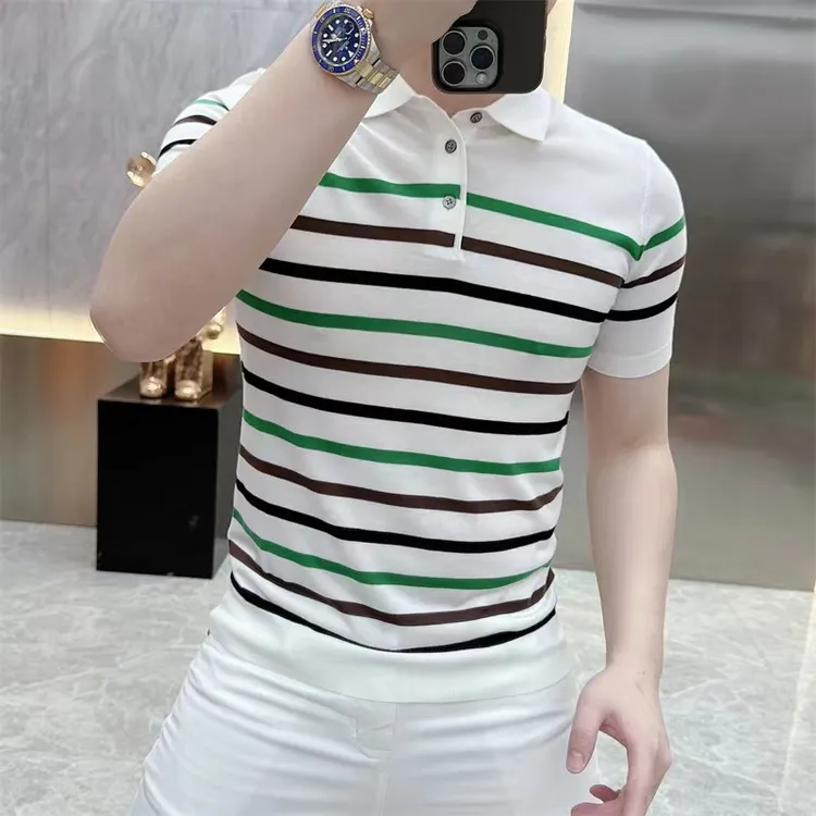 高档冰麻条纹短袖T恤POLO衫男冰丝轻奢时尚半袖体恤休闲男装25216