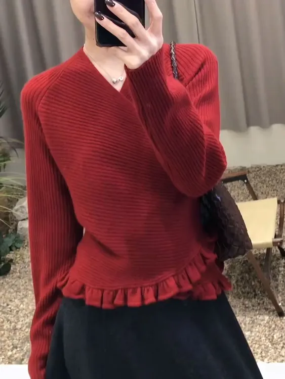 红色圣诞收腰设计感长袖针织衫毛衣女2025秋冬新款高级感上衣