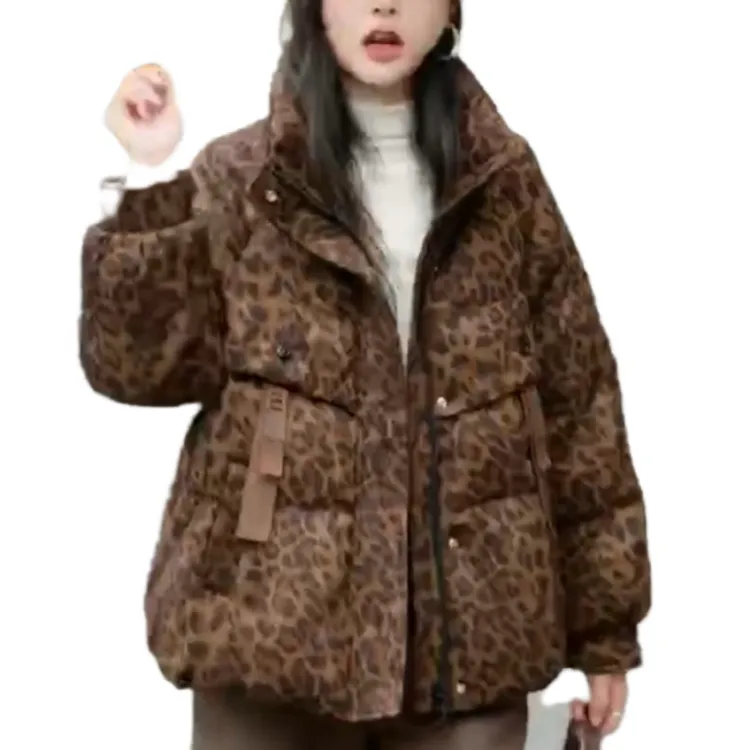 （远映）思86翻领豹纹宽松潮流休闲减龄羽绒服65长设计师百搭时尚