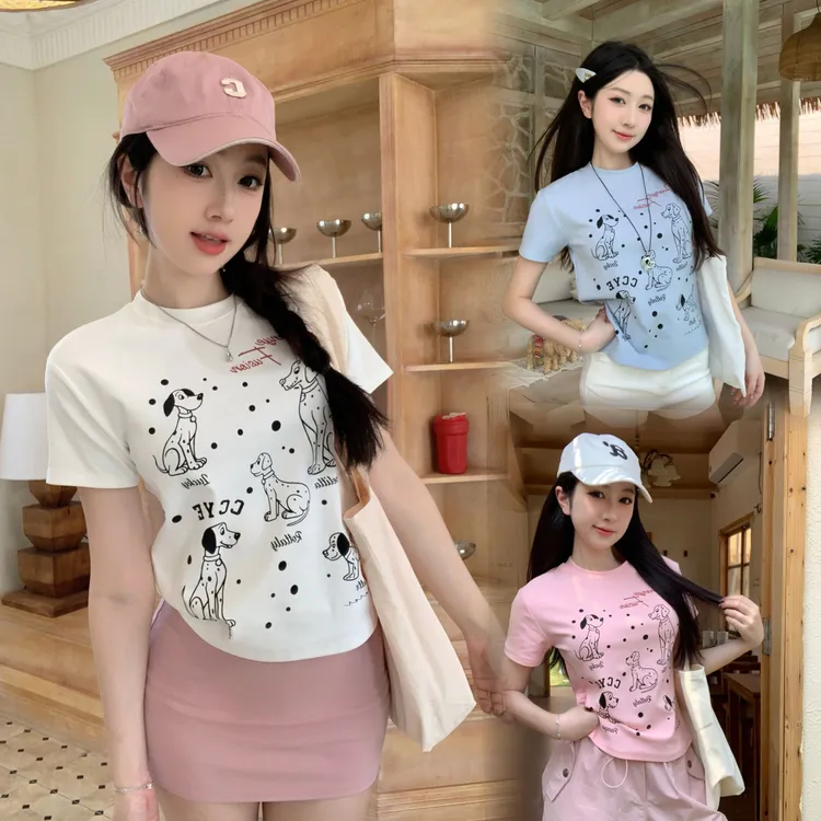 重磅棉260g正肩圆领短袖T恤女美式原创小狗印花百搭夏季新款上衣