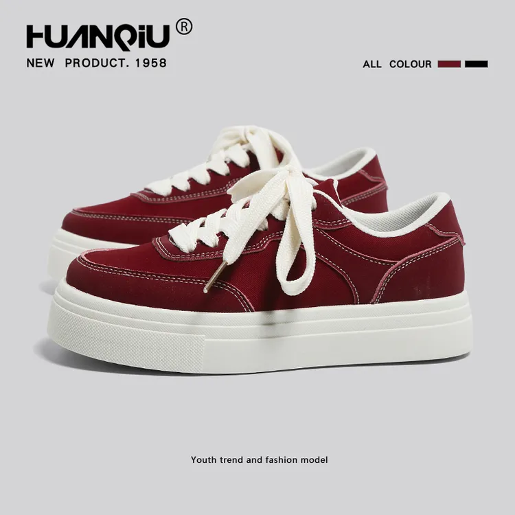 环球酒红帆布鞋女2025潮鞋新款ins超火潮流厚底板鞋运动设计女鞋