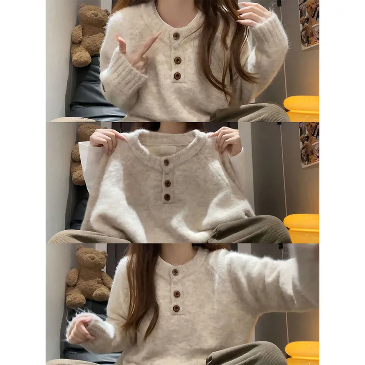 袖口标套头针织衫女秋冬宽松慵懒风显瘦韩版百搭休闲毛衣23072#