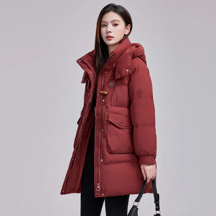 薄款2025秋冬简约灰鹅绒加厚高端中长款双拉链款羽绒服女保暖外套