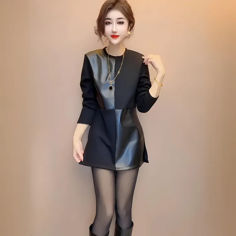 2025冬季新款韩版网红设计感拼接时尚显瘦百搭圆领中长款开叉大衫