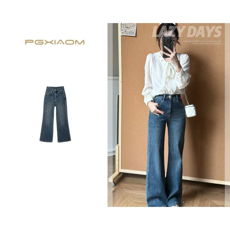 【PGXIAOM】润秀定制蓝色花纹牛仔窄版阔腿裤(有弹力)KZ10178      