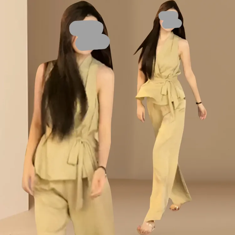 慵懒风韩系V领无袖绑带收腰显瘦上衣套装女2025夏洋气高腰阔腿裤