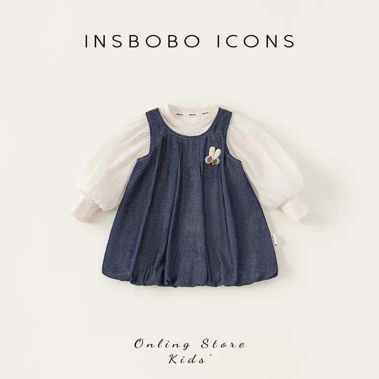 INSbobo儿童春季套装泡泡袖打底衫蓬蓬牛仔连衣裙两件套CT25158