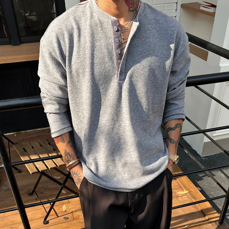 OXFREAK「老钱风 亨利领」灰色静奢长袖t恤男宽松休闲内搭打底衫