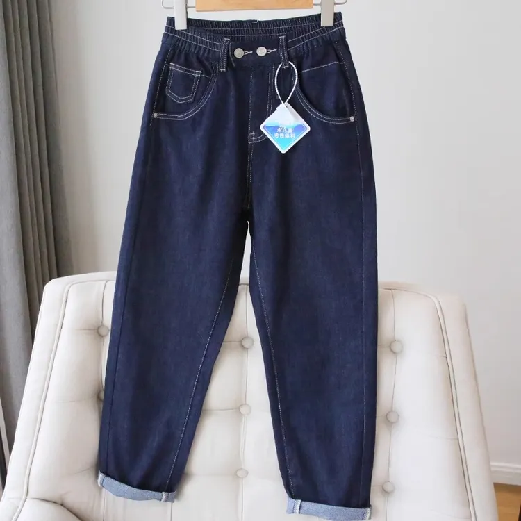 深蓝色松紧腰老爹牛仔裤女2025秋季新款大码宽松梨形身材显瘦裤子