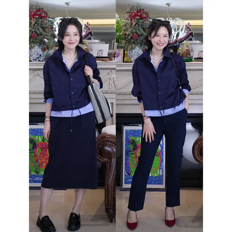 我是摩羯 P家假两件上衣 天虹集团80支棉条纹撞色衬衫外套