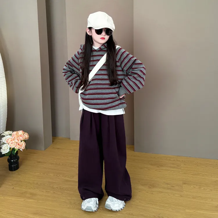 女童2025新款儿童秋冬季韩版时尚加绒条纹卫衣休闲阔腿裤套装潮酷