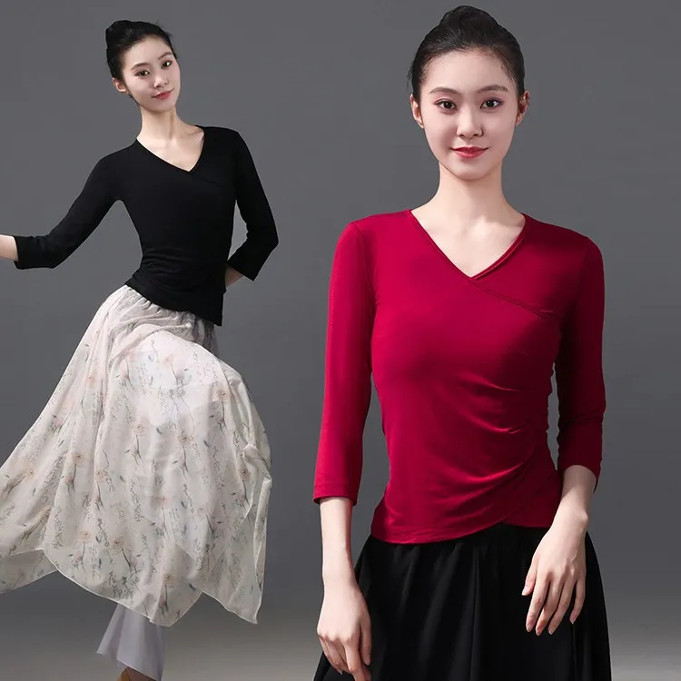 广场舞服装新款套装练功服古典跳舞莫代尔V领中袖弹力纱雪纺裙裤