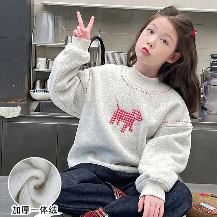 一体绒加厚女童高领洋气宽松卫衣儿童韩版上衣大童2025冬装新款潮