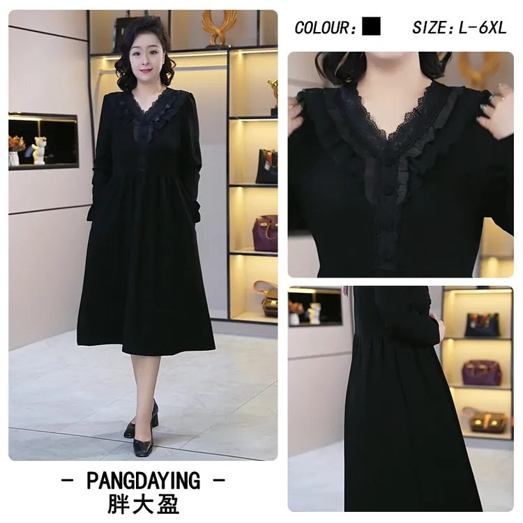 【现现款】胖大盈大码女装黑色气质连衣裙新款花边V领裙子ZB6660
