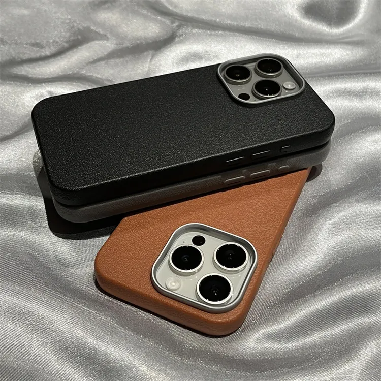 简约高级金属框荔枝纹适用iPhone16promax华为P70oppo小米15vivo